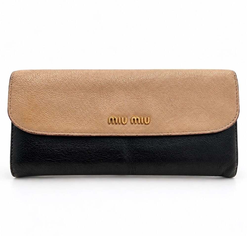 Miu Miu Madras Bicolore Continental Wallet Black Beige Leather Gold Logo